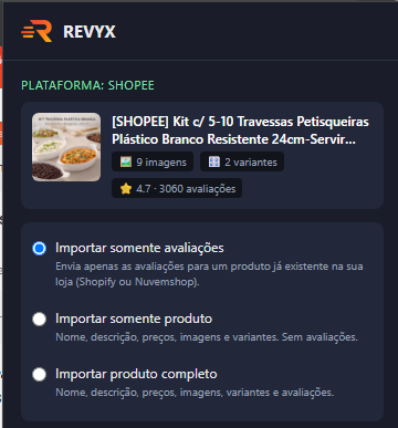 Exportação em 1 clique na extensão REVYX — etapa 1